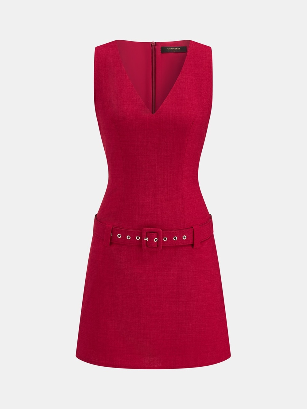 Commense Belted V-Neck Sleeveless Mini Dress